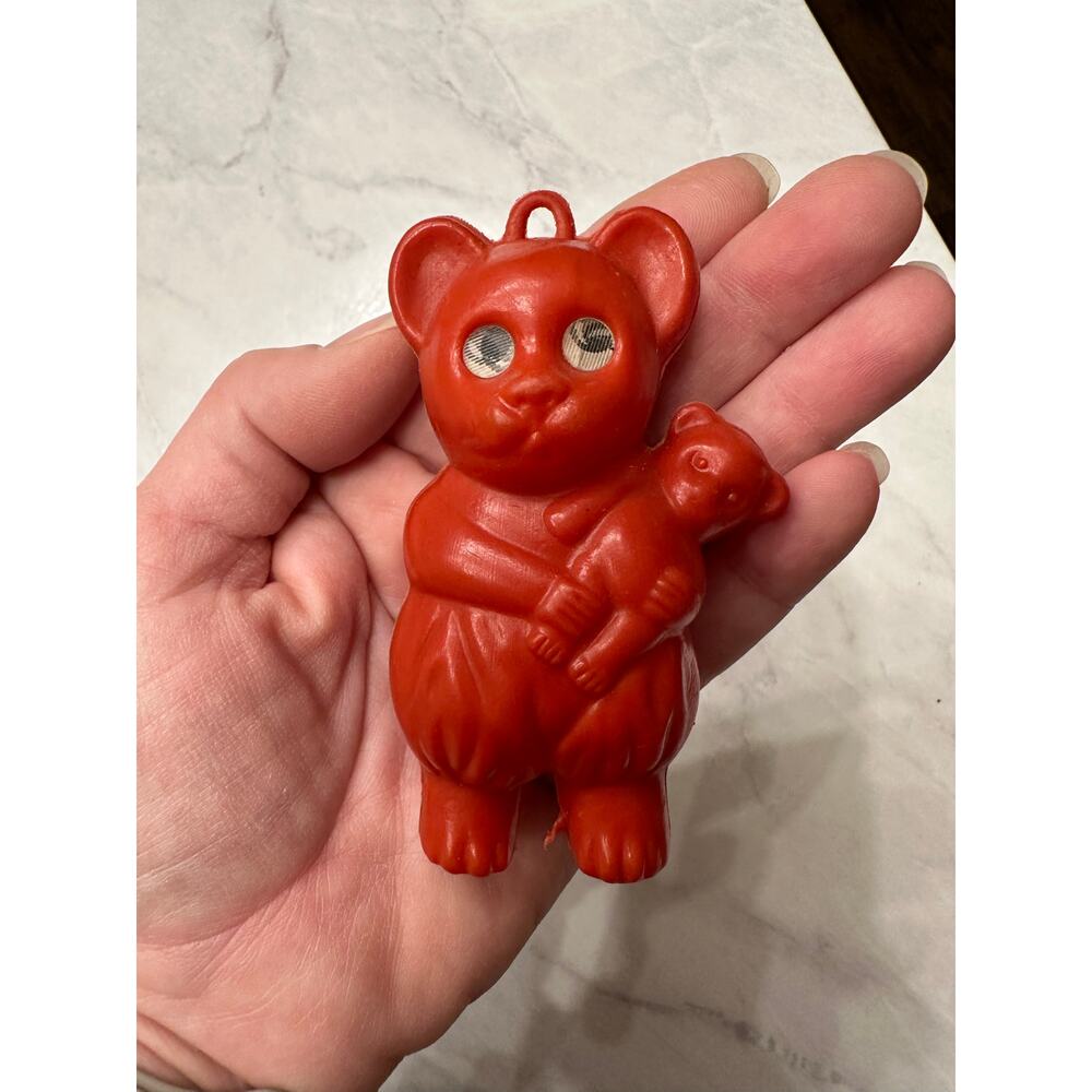 Teddy bear holding bear christmas vintage Hong Kong red ornament plastic eyes